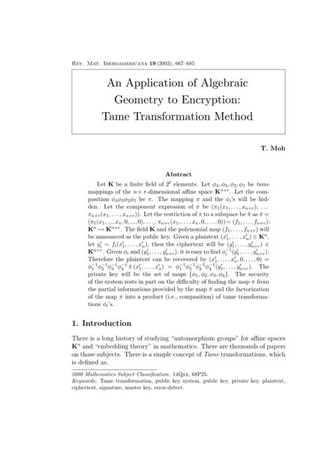 (PDF) An Application of Algebraic Geometry to Encryption: Tame Transformation Method