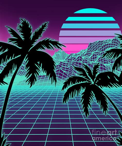 Retro 80s Vaporwave Sunset Sunrise With Outrun style grid print Digital ...