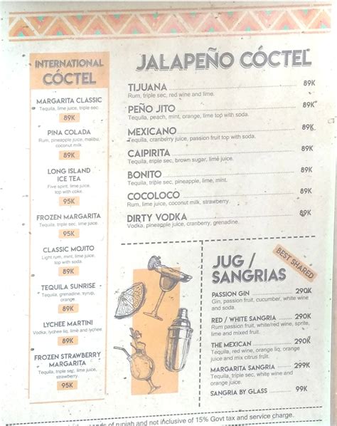 Menu at Jalapeno restaurant, Denpasar