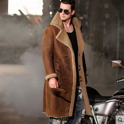 Men's Winter Thermal Outerwear Men Super Long Sheepskin Shearling Parkas Men Genuine Leather ...