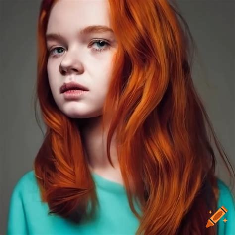 Very long red hair cailee spaeny wearing a stylish blue-pink-green sweatshirt, posing for a portrait