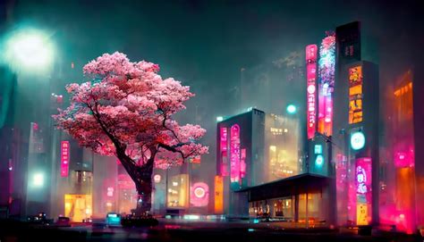 Premium Photo | Fantasy Japanese night view city citycape neon pink light residential buildings ...