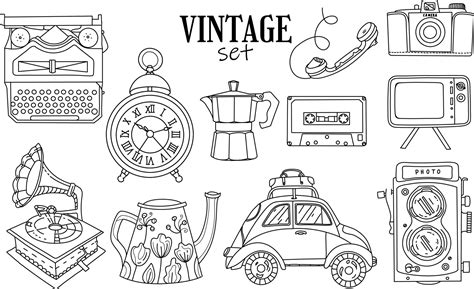 Coloring page. Hand drawn vintage objects collection. Retro style set. Movie camera, typewriter ...