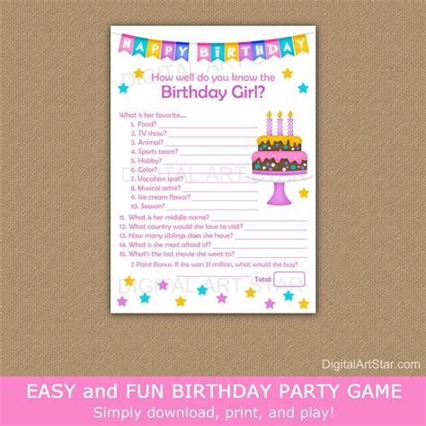 Girl Birthday Party Game Girl Birthday Games How Well Do You - Etsy | Girls birthday party games ...