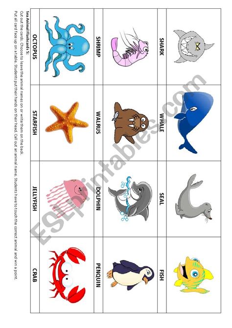 Sea Animal flashcards 4 & Game - ESL worksheet by scoobysue