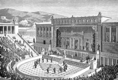 Greek Theatre. /Na Reconstruction Of The Theatre Of Dionysus In Athens, Greece. To The Left ...