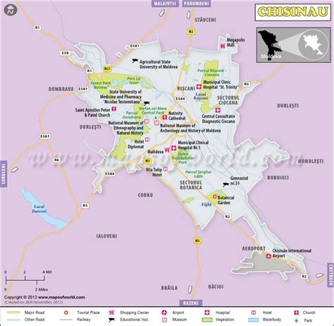 Chisinau map, the capital city of Moldova shows major landmarks ...