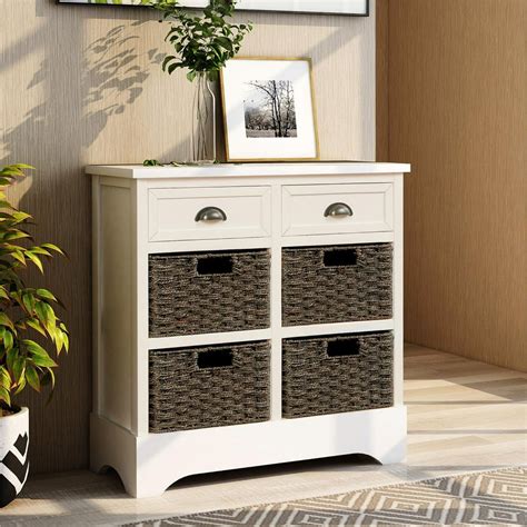 White Storage Chest with 2 Drawers and 4 Rattan Baskets, Wood Accent Cabinet Hallway Side Table ...