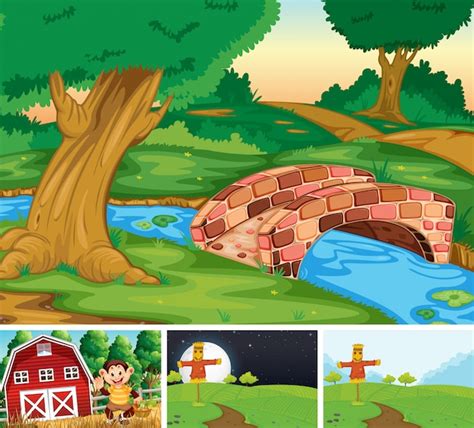 Free Vector | Set of farm scene cartoon style