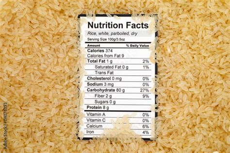 Nutrition facts of dry white parboiled rice with rices background Stock ...