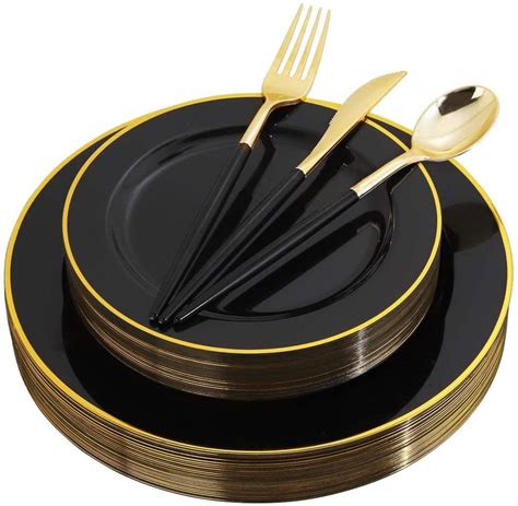 120 PCS Black Plastic Plates with Gold Rim Gold Disposable | Etsy