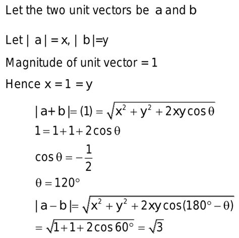 If the sum of two unit vectors is also a unit vector, then magnitude of their difference and ...