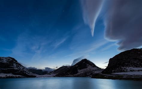 Spain, Asturias, bay, mountains, snow, dusk, blue, sky wallpaper | nature and landscape ...