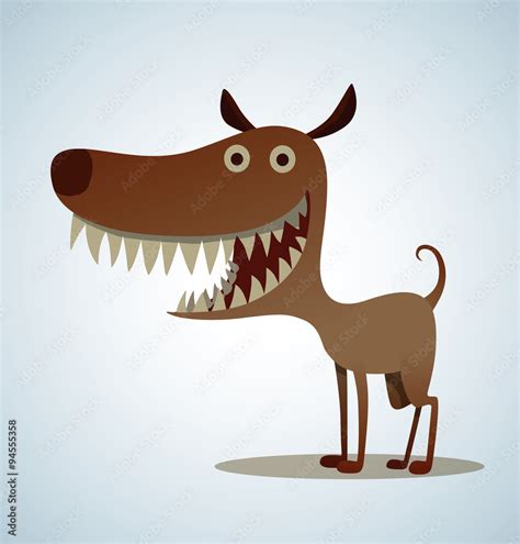 Vector dog with big teeth. Cartoon image of a brown dog with big sharp ...