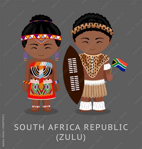 Vecteur Stock Zulu tribe. Zulus in national clothes with a flag. Man and woman in traditional ...