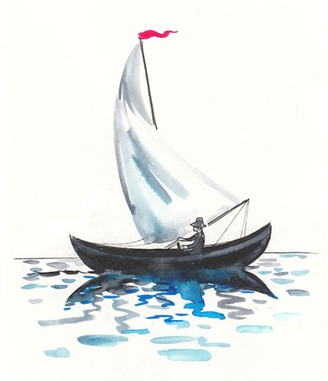 Premium Photo | Small sailing boat in the sea. Ink and watercolor drawing