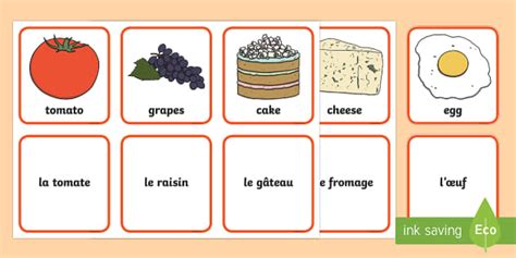 French Food Vocabulary Flashcards - Matching Cards Activity