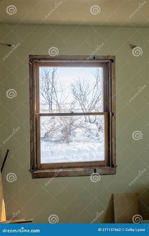 DIY Window Insert Install in Old House with Wintery Snow and Trees in View Stock Photo - Image ...