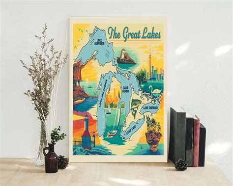 The Great Lakes Map Travel Poster Horizontal Map Print | Etsy