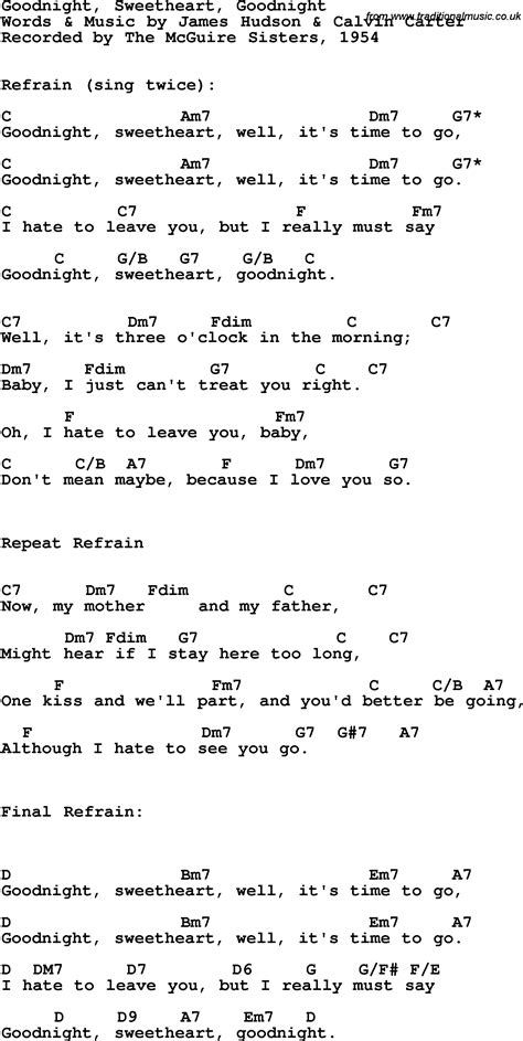 Song lyrics with guitar chords for Goodnight, Sweetheart, Goodnight - The Mcguire Sisters, 1954
