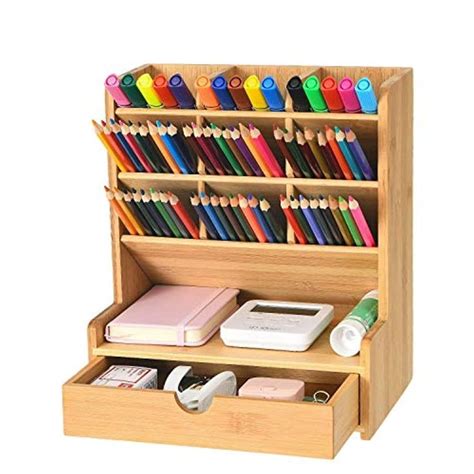 Marbrasse Bamboo Art Supply Desk Organizer, Pen Holder with 10 Compartments Drawer, Pen ...