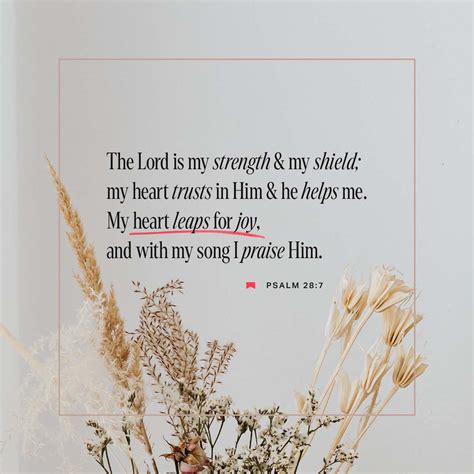 Psalms 28:7 The LORD is my strength and my shield; My heart trusted in Him, and I am helped ...