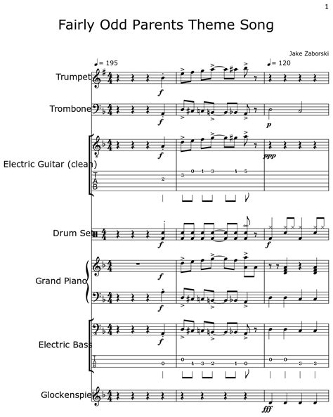 Fairly Odd Parents Theme Song - Sheet music for Trumpet, Trombone, Electric Guitar, Drum Set ...