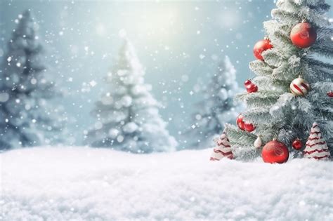 Premium AI Image | A snowy scene with a christmas tree and a red ball on it