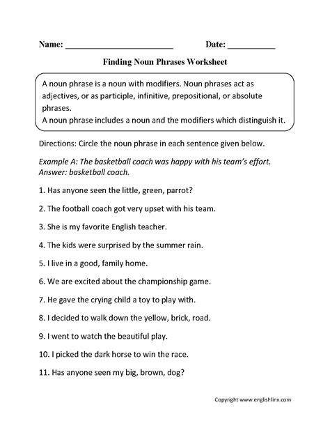 Finding Noun Phrases Worksheets | Nouns worksheet, Nouns and verbs, Nouns