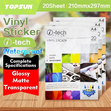 Vinyl Sticker Waterproof A4 Matte / Glossy / Transparent 20Sheets/pack I-Tech Brand High Quality ...