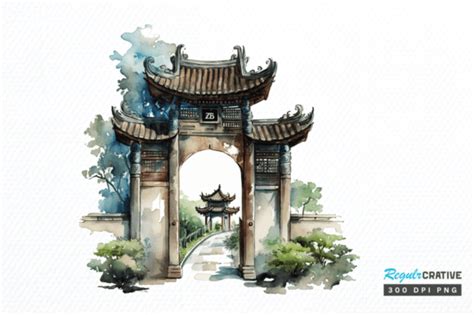 Watercolor Chinese Gate Clipart Png Graphic by Regulrcrative · Creative Fabrica