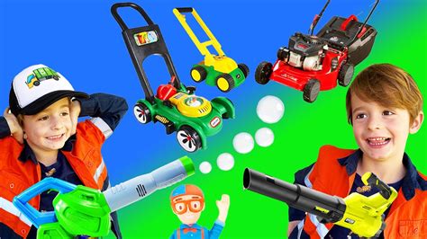 Lawn Mowers for Kids | BLiPPi Toys Leaf Blowers| min min playtime - YouTube