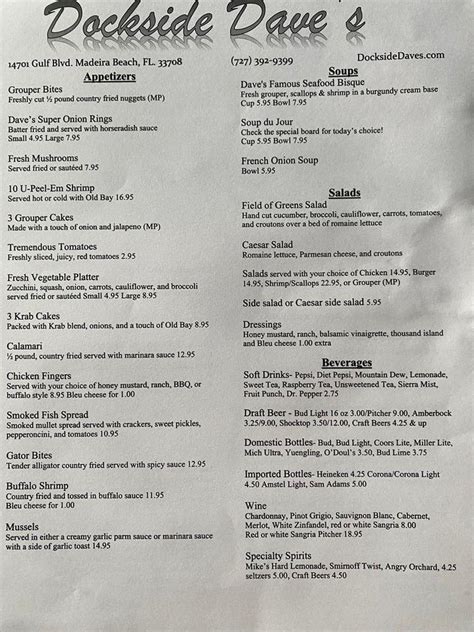 Menu at Dockside Dave's restaurant, Madeira Beach, 14701 Gulf Blvd