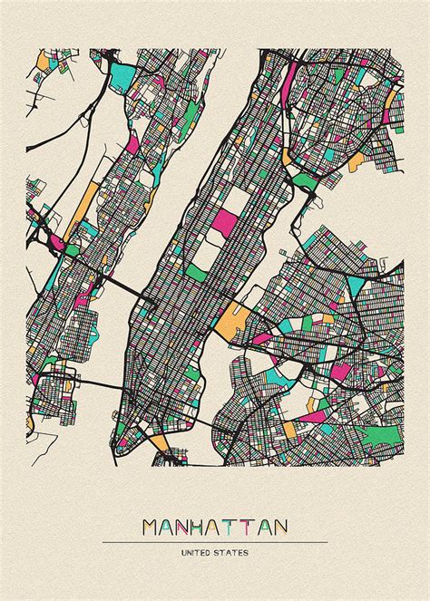 Manhattan, New York City Map Drawing by Inspirowl Design - Fine Art America