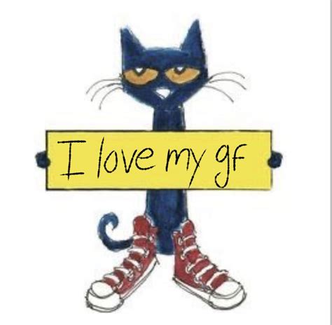 a blue cat holding a yellow sign that says i love my gf