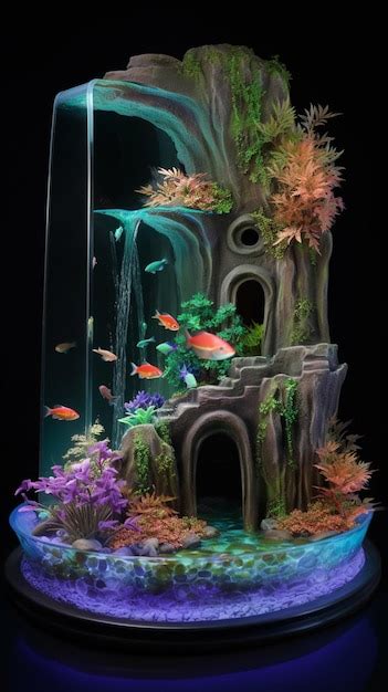 Premium AI Image | A fish tank with a waterfall and a fish tank.