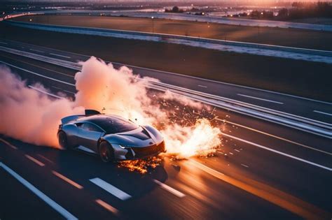Premium AI Image | electric sport car ev battery explosion burn fire flames sunset in the motorway