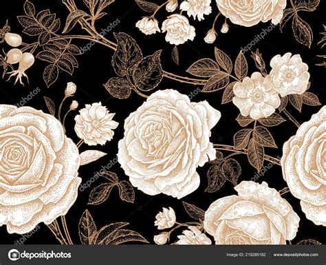 Garden Roses Floral Vintage Seamless Pattern White Flowers Gold Leaves ...