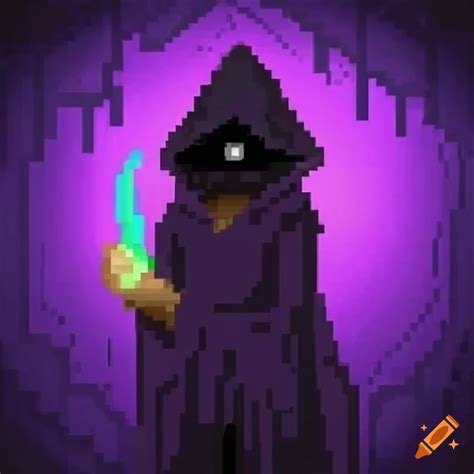 Pixel art of a wizard with a magic wand in a cave on Craiyon