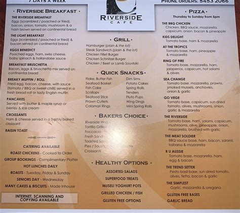 Menu at Riverside cafe and diner, Barham