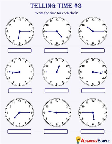 Clocks, Telling The Time Worksheet #3 - Academy Simple