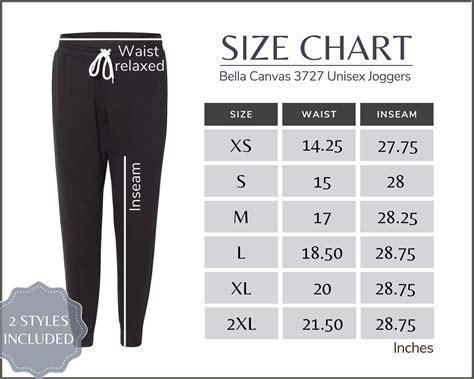 Bella Canvas 3727 Size Chart 3727 Unisex Joggers Size Table Bella ...