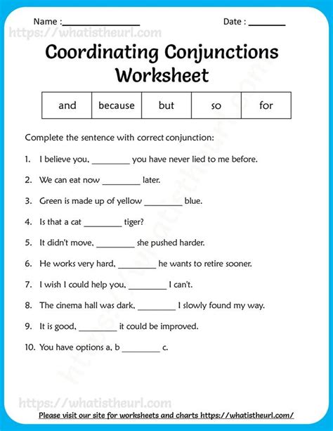 Conjunctions Worksheet for Grade 3, 4, and 5