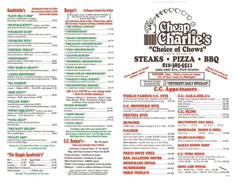 Menu at Cheap Charlie's steakhouse, Fort Gratiot Township