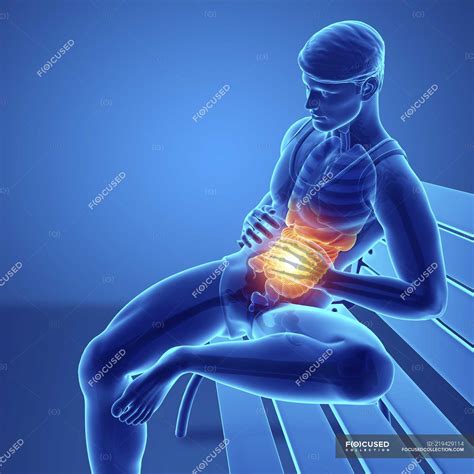 Sitting on bench male silhouette with abdominal pain, digital illustration. — ache, anatomical ...