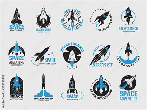 Rocket logo. Space satelite retro shuttle moon discovery logotypes of ...