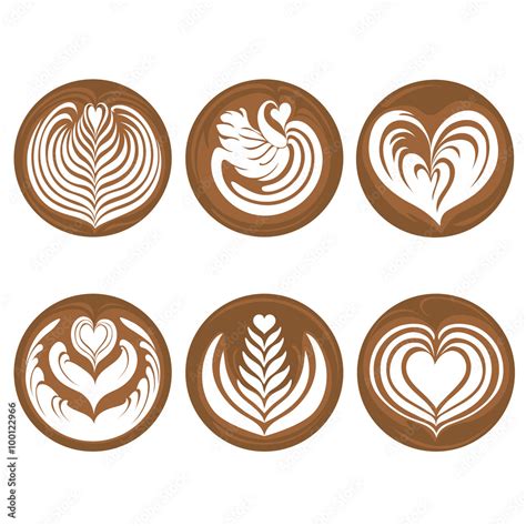 Coffee Latte Art Logo Icon Rosetta, Swan, Heart, Tulip, Tree Set Stock ...