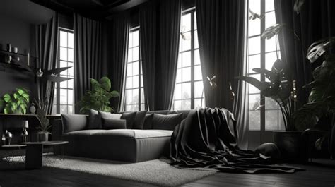 Premium AI Image | A black room with a couch and a plant on the wall.