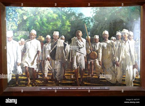 Painting of Mahatma Gandhi on the long salt walk protest ,"Dandi March",at the Gandhi Ashram ...