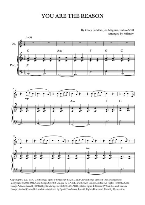 You Are The Reason (arr. Milanov) Sheet Music | Calum Scott | Oboe and Piano